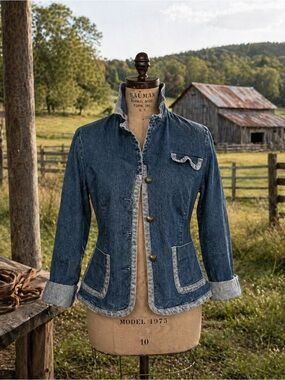 Denim Blue Women's Jacket with Ruffle Trim